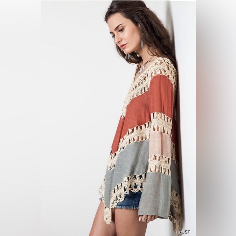 Beautiful Sz S Boho Hippie Crochet Gauzy Striped V-Neck Long Sleeve Top Coverup - Picture 2 of 10